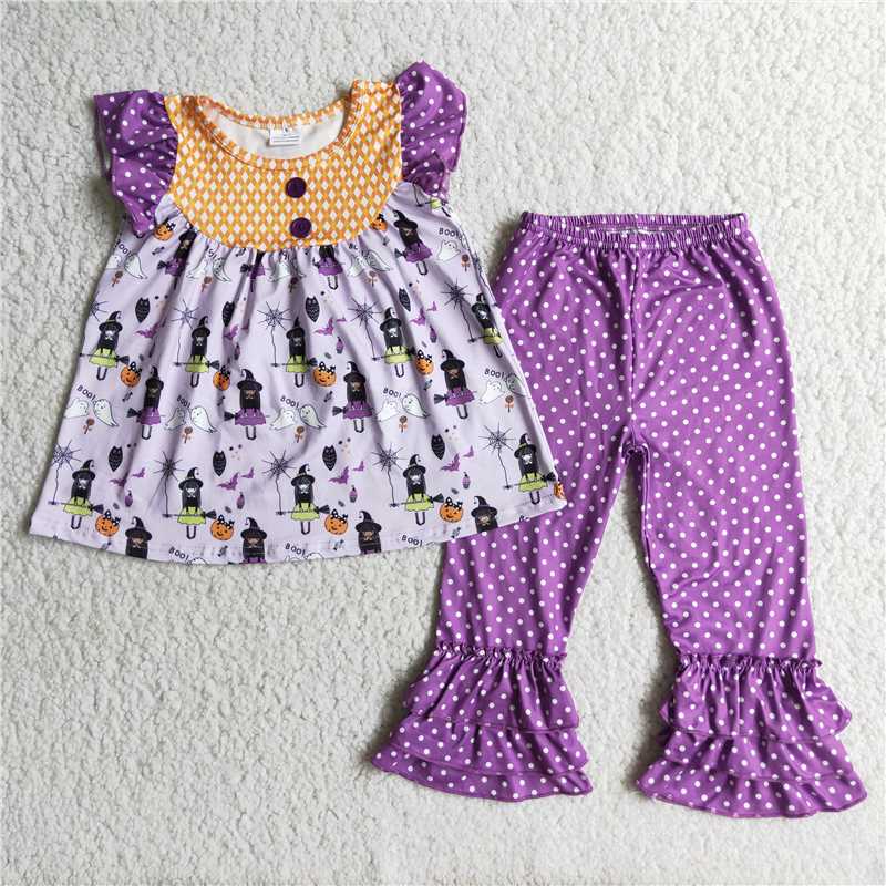 D2-3 Halloween Flying Sleeve Purple Polka Dot Pants Set