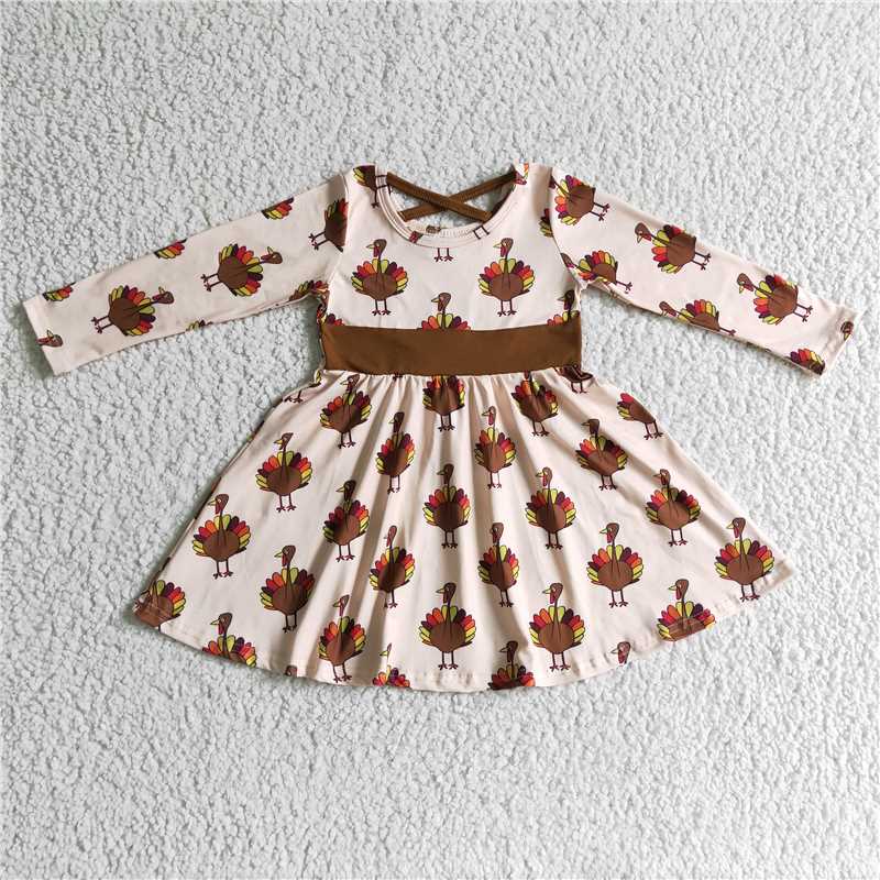 6C10-19 baby clothing long sleeve turkey print thanksgiving kids dresses for girls milk silk