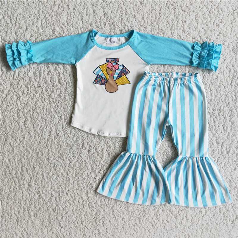 6 A4-16 Thanksgiving turkey blue striped girl set