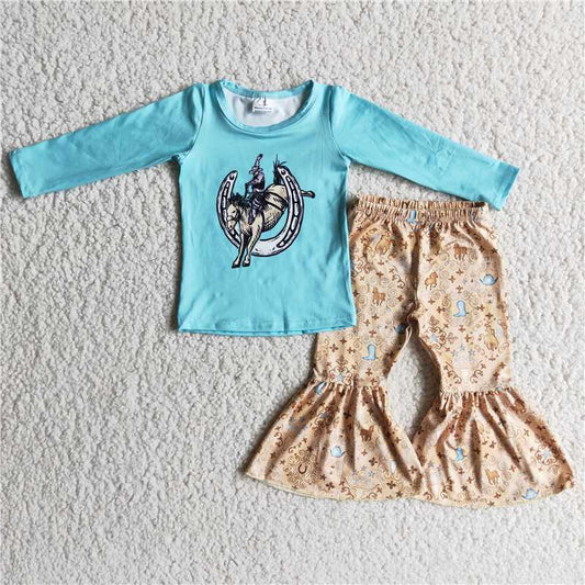 6 A4-3 Riding Blue Top Silver Flared Pants Set