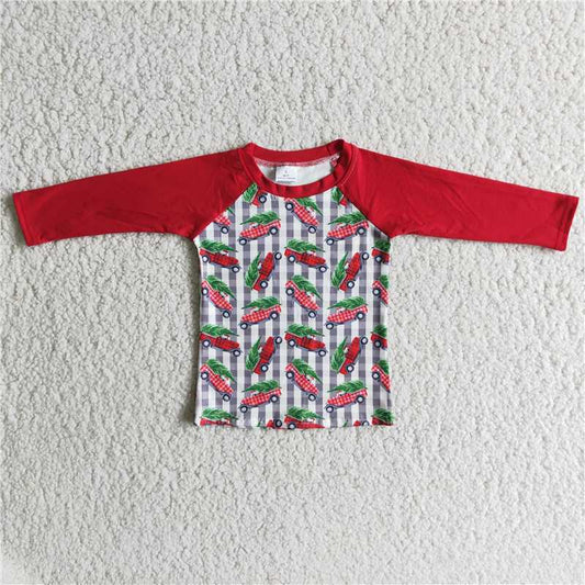 plaid tree cars design red raglan long sleeve top