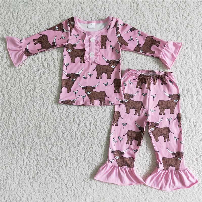 6 A11-12girls outfits cow print pajamas long sleeve long pants