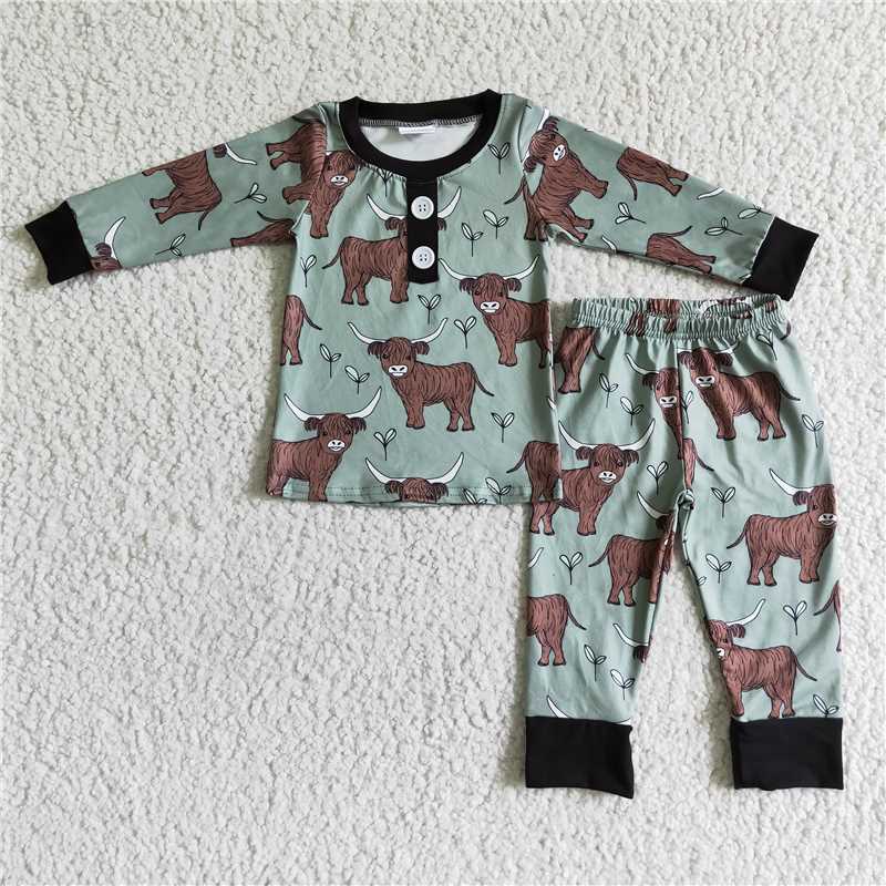 6C11-23 Kids Clothing Boys Long Sleeve Top With Pants Cow print