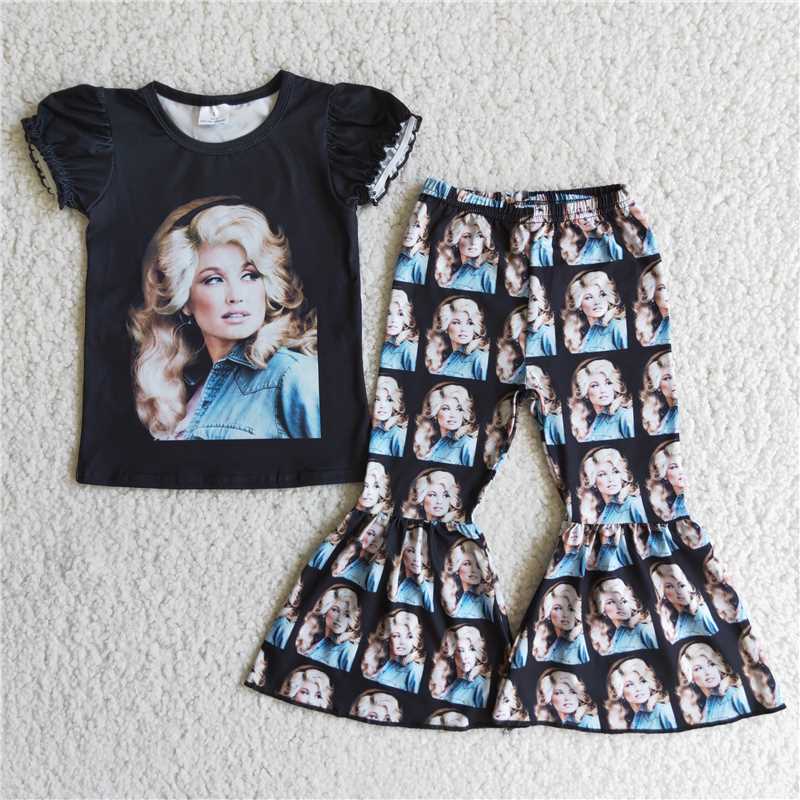 D3-3 Kids Clothing Girls Short Sleeve Top And Long Pants Cartoon Print