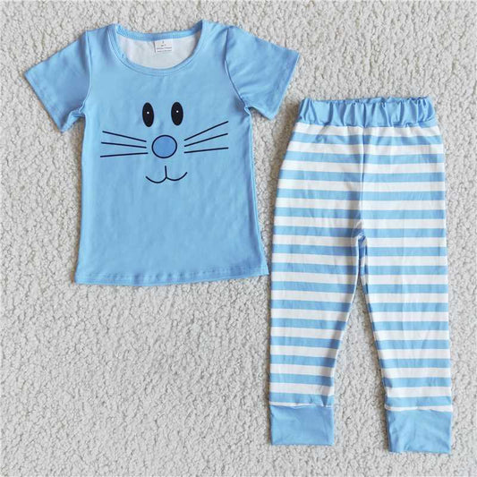 D7-5 Boys cartoon cat blue short-sleeved trousers suit