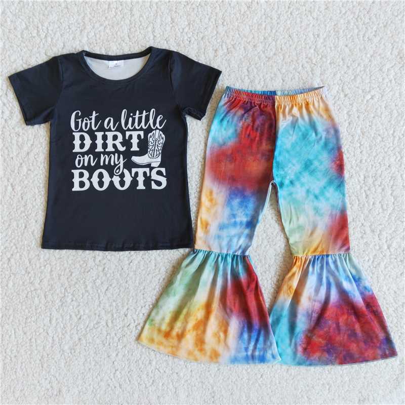 E9-29 black boots tie dye pattern long pants set