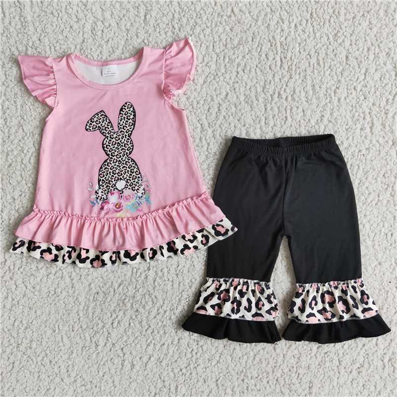 Easter Leopard Bunny Fly Sleeves Black Cropped Pants