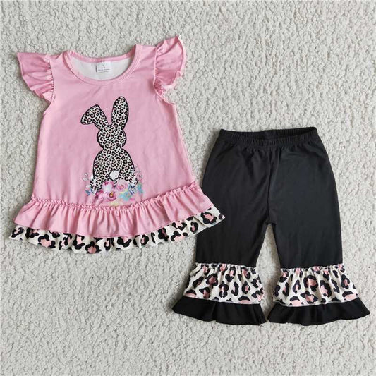 Easter Leopard Bunny Fly Sleeve Black Cropped Pants Set