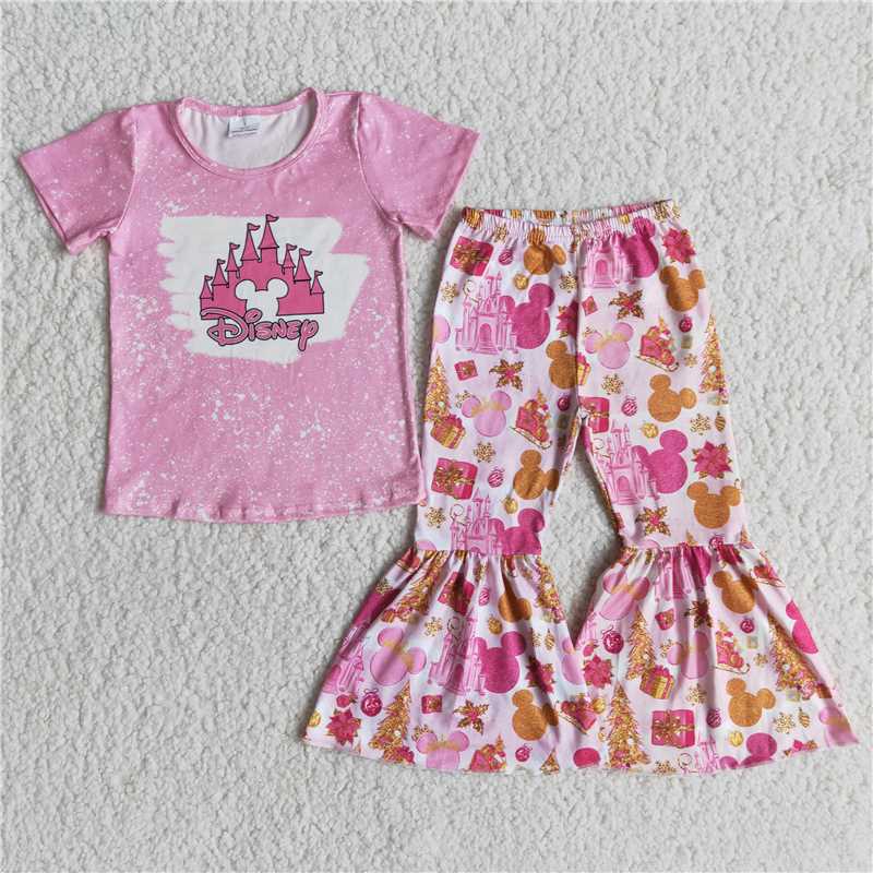 pink bleached shirt top pattern long pants set