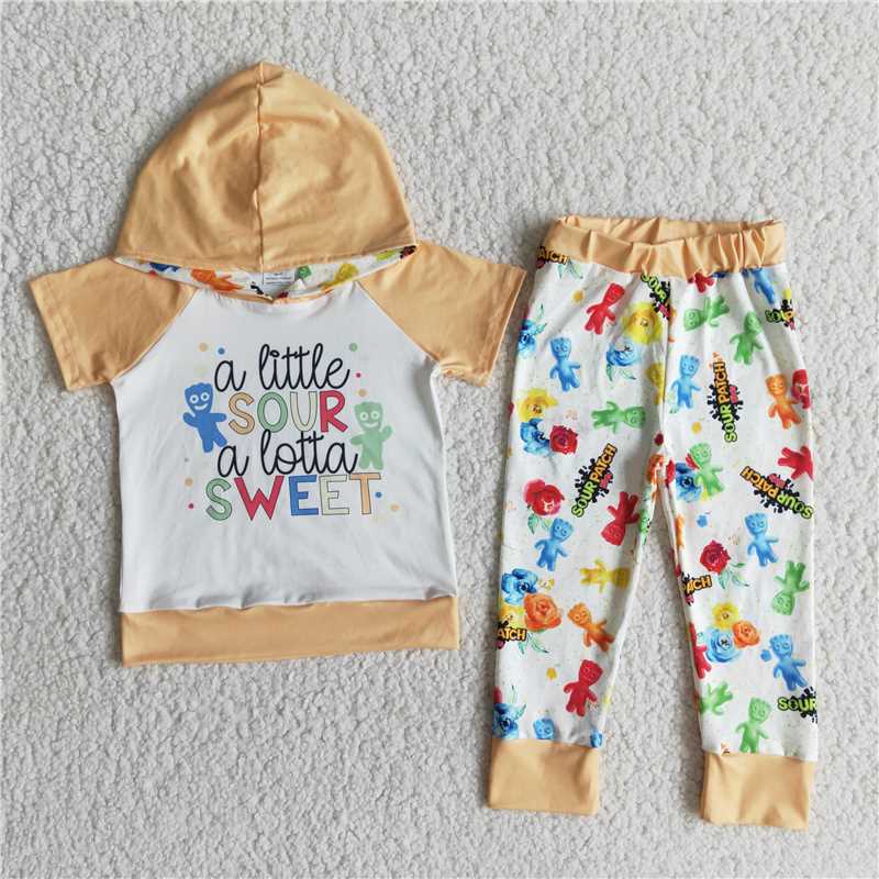 sweet yellow hooded short-sleeved trousers set