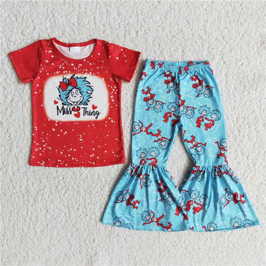 seuss red short-sleeved flared pants suit