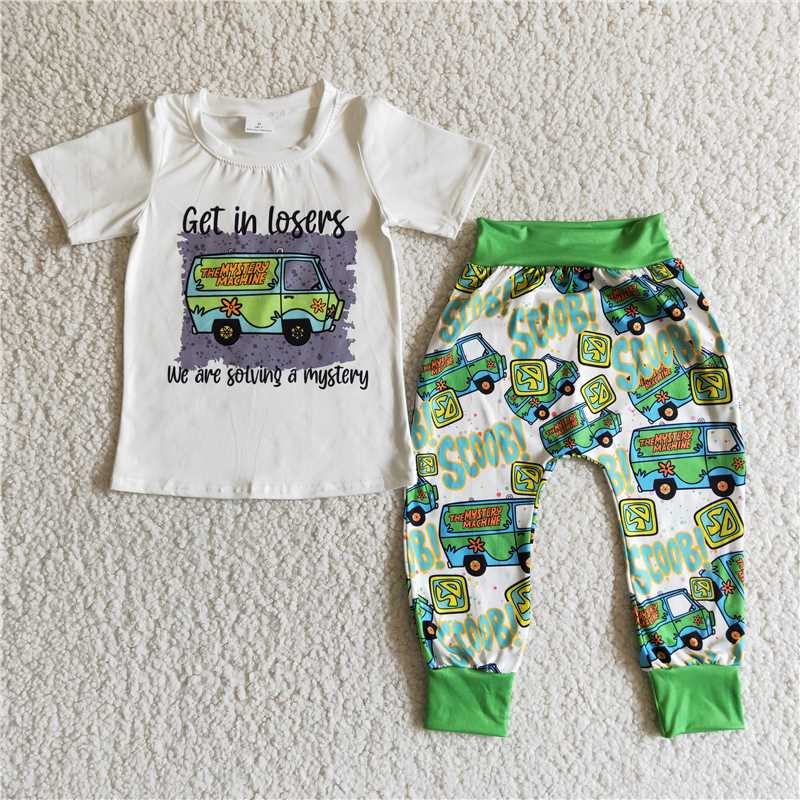 B9-28Car White Short Sleeve Top Boys Pants Set