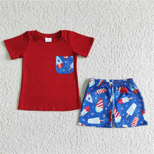 BSSO0025 Boys Red Blue Pocket Popsicle Ice Cream Short Sleeve Shorts Set