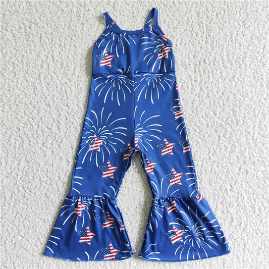 SR0055 Girls Blue Stars National Day Fireworks Sling Jumpsuit