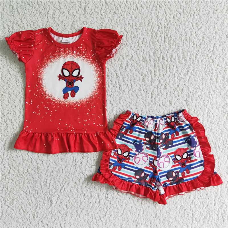 rts no moq GSSO0124  Girls Spiderman Clothing Short Sleeve Top with Short Pants  Spring and Fall