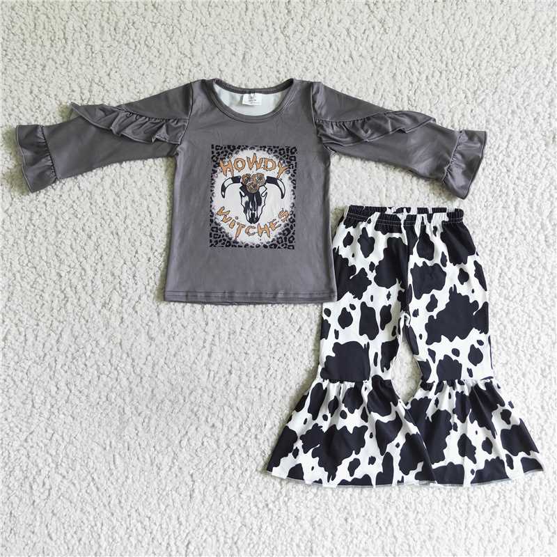 GLP0102 girls clothing long sleeve long pants  baby girl outfit milk silk cow print