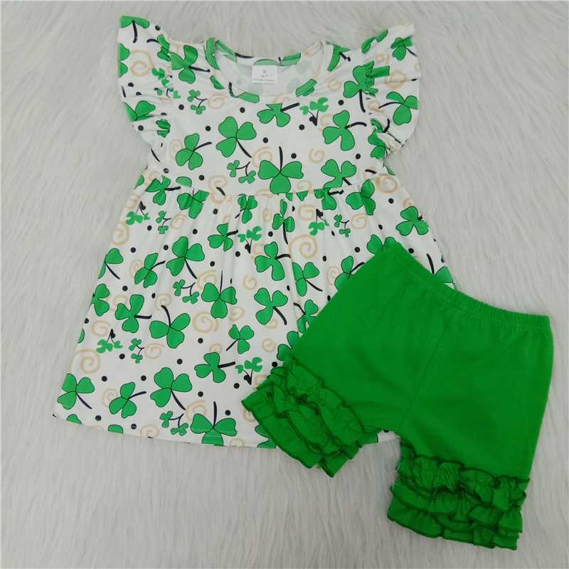 Girls Shamrock Flying Sleeve Green Shorts Outfits