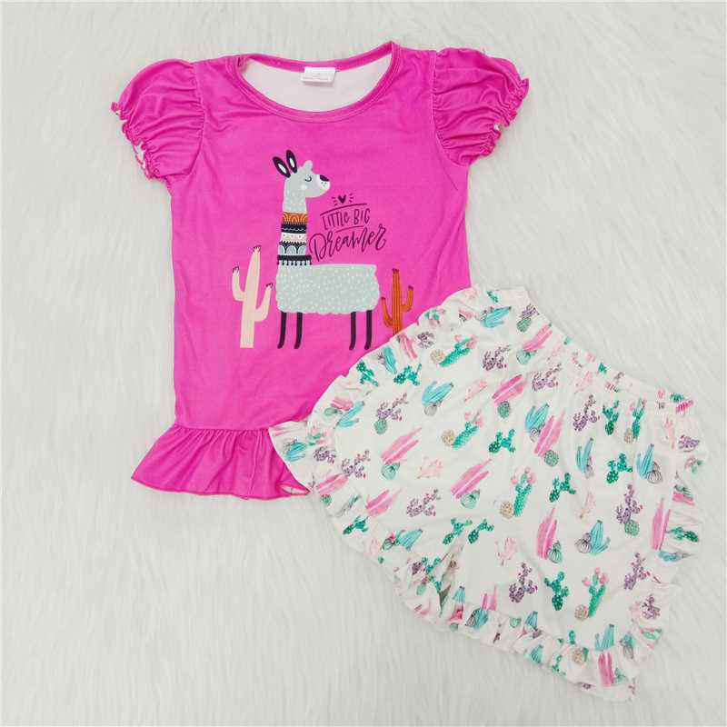 Girls alpaca rose red white cactus shorts outfit