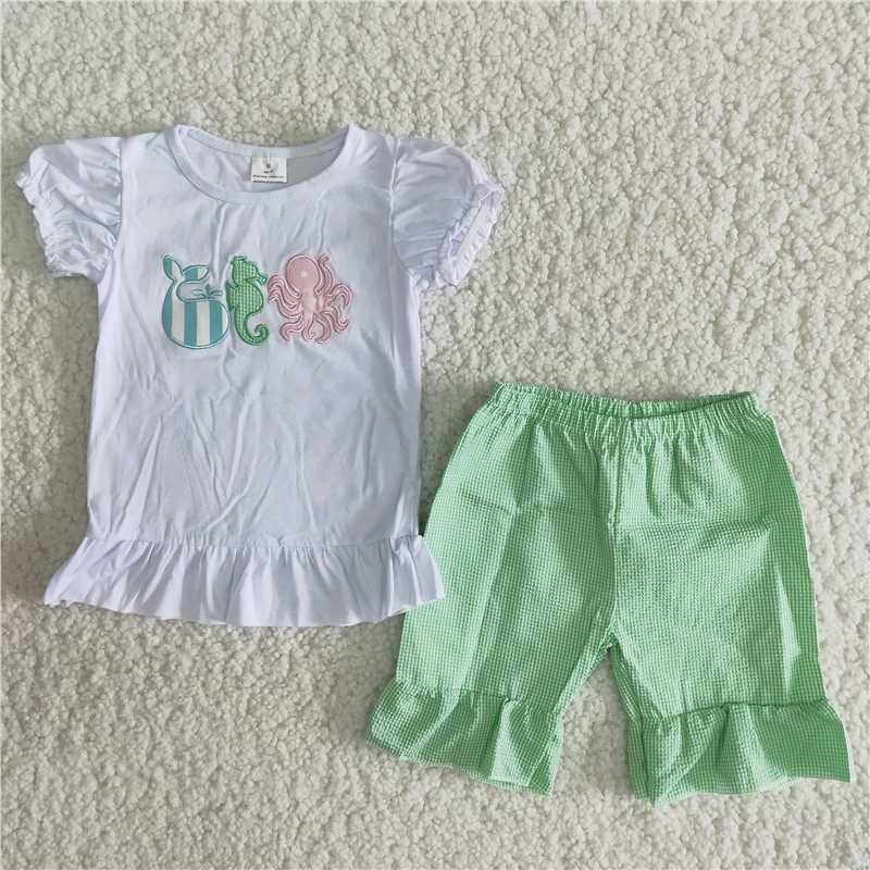 Girls embroidered sea animal green seersucker shorts outfit