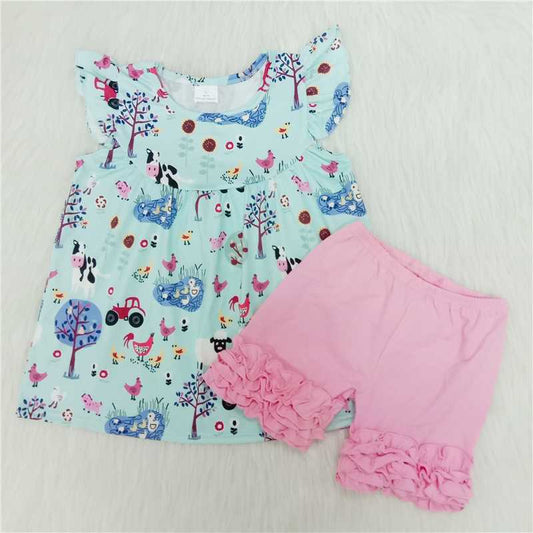 Girls Farm Blue Little Flying Sleeve Pink Shorts Outfit