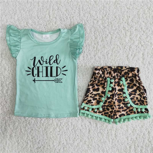 Girls Green Sleeve Leopard Print Shorts Outfit