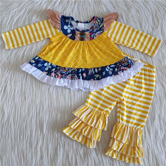 yellow striped blue flowers girl set