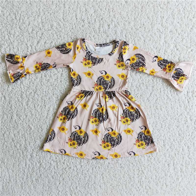 RTS NO MOQ ETA 5/7days 6 A20-16 Pumpkin Sunflower Long Sleeve Dress