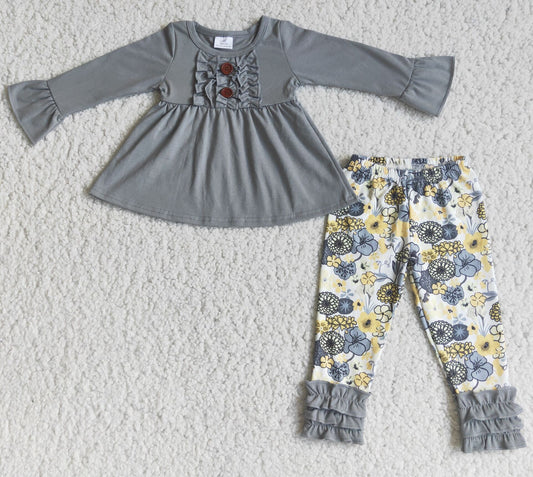 grey dress top flowers pants set