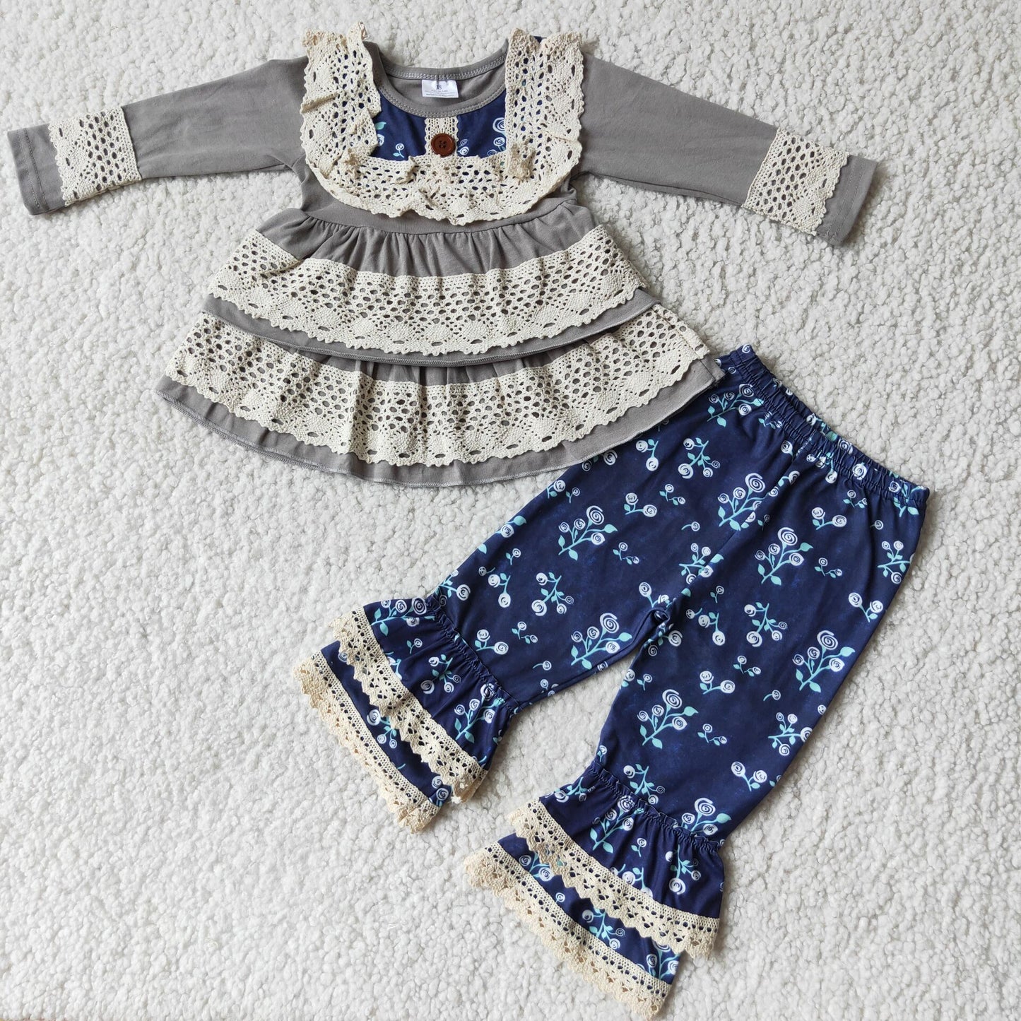 gray lace girl's children outfit sets