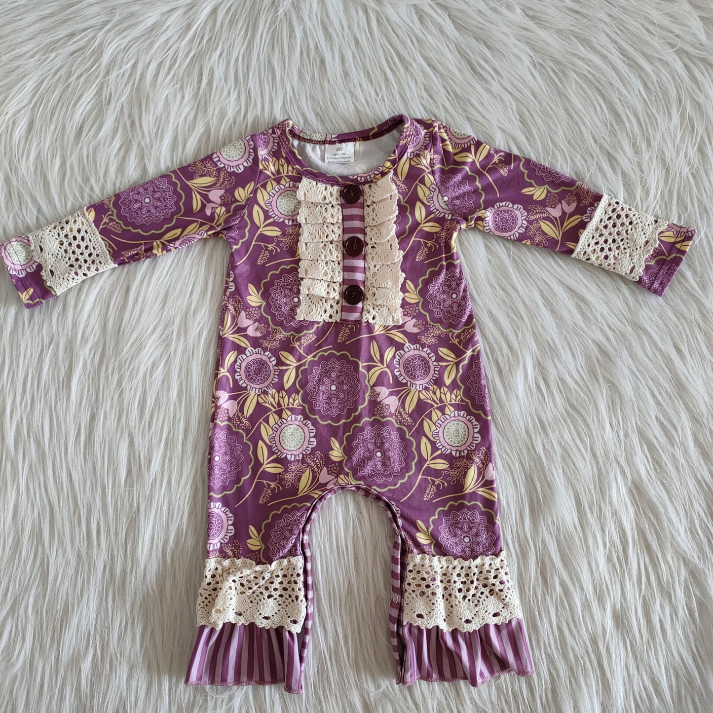 purple flowers pattern long sleeve romper