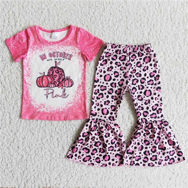 D2-29 Girls Pink Pumpkin Short Sleeve Top Pattern Pants Set