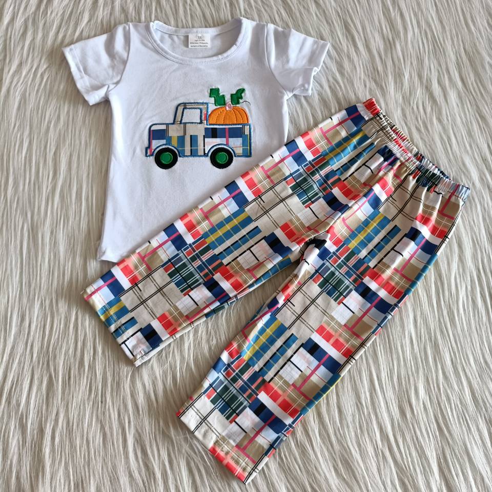 RTS NO MOQ C1-22 Boys Pink Pumpkin Cart Plaid Pants Set