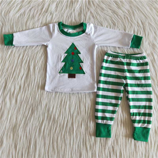 6 A28-15 Boys Embroidered Christmas Tree Long Sleeve Striped Cotton Pajamas