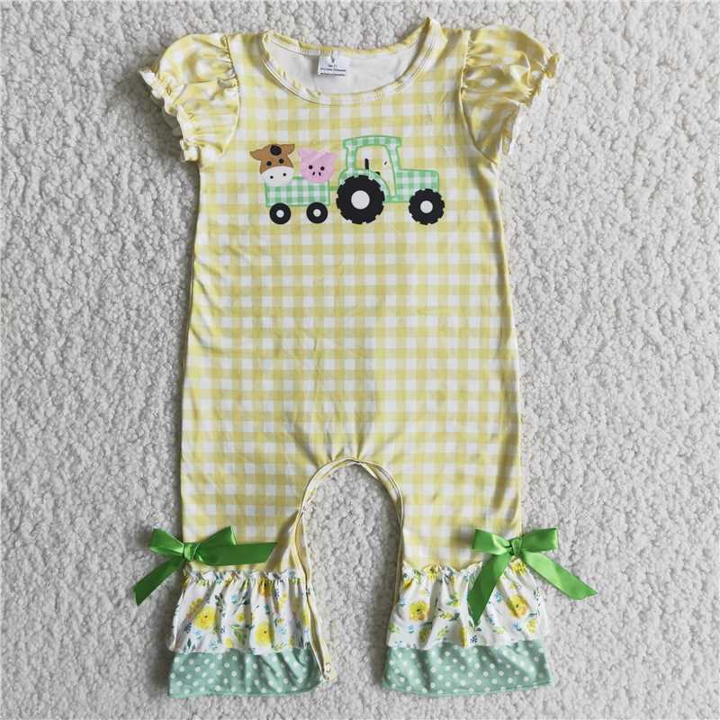 Yellow check pig cow green truck romper