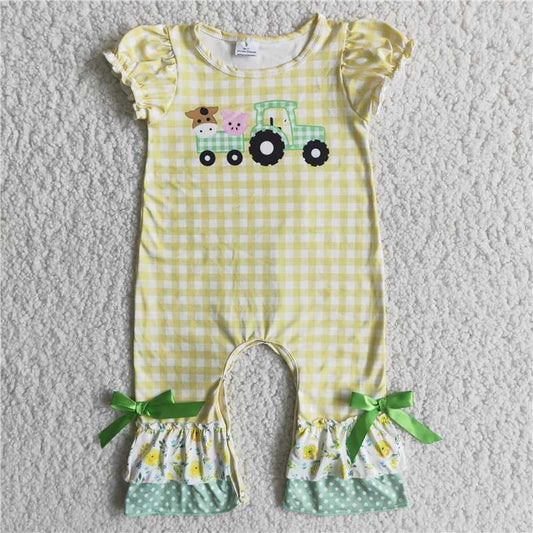 Yellow check pig cow green truck romper