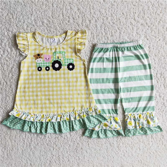 farm green top with ruffle pants outfits