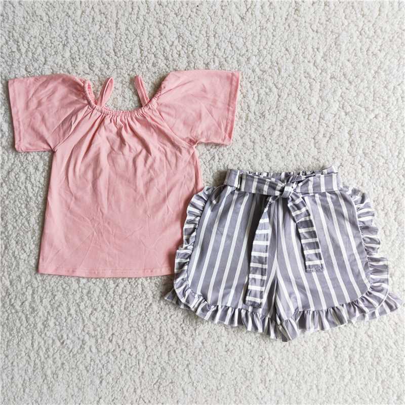D7-28 Strap Top Gray Striped Shorts