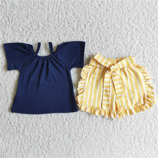 D4-28 Shoulder strap top yellow striped shorts
