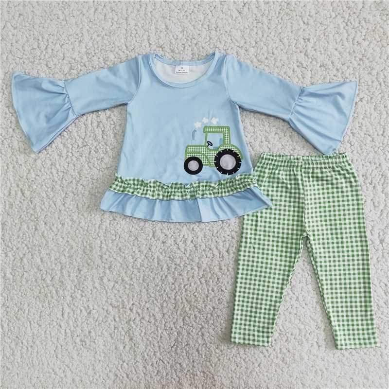 blue truck plaid design long sleeve pants set