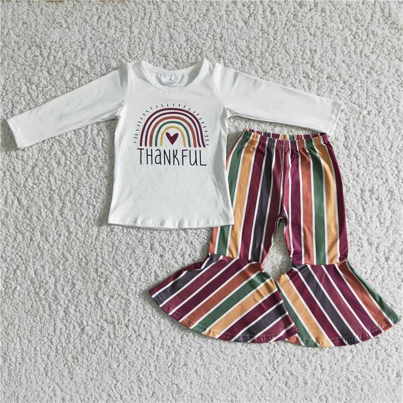 thankful rainbow striped design long sleeve pants set