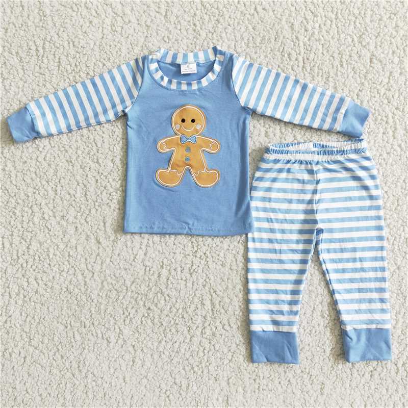 6 B8-23 Boys embroidered gingerbread striped pajamas