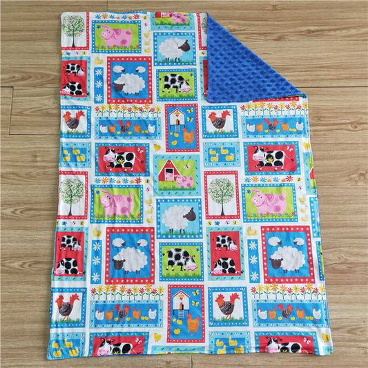 6 B10-14 farm animal cows chicken pig blue blanket