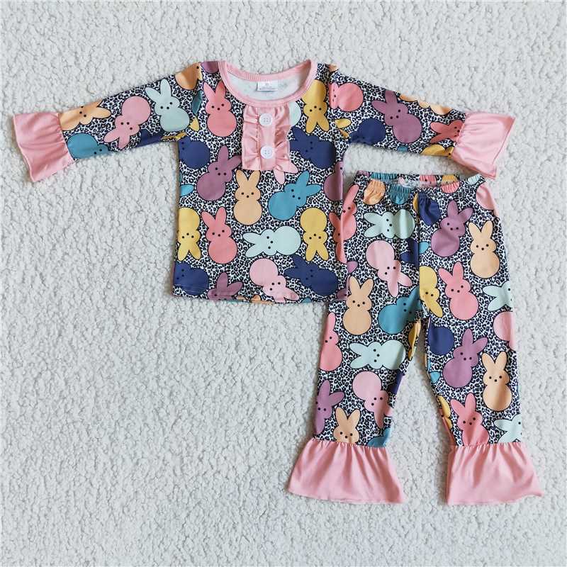 Girls Easter Color Rabbit Long Sleeve Pants Pajamas