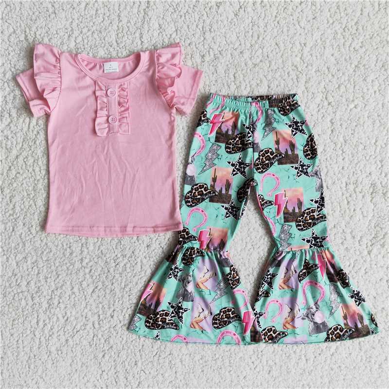 B2-11 Pink Short Sleeve Leopard Hat Lightning Flared Pants Set