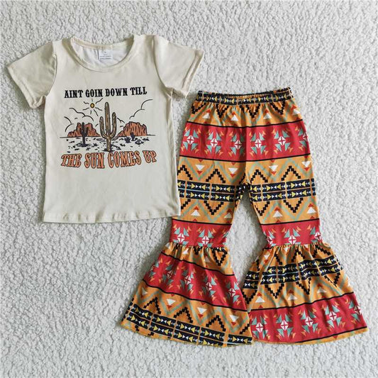 B14-28 Kids Clothing Girls Short Sleeve Top And Long Pants Cartoon Print