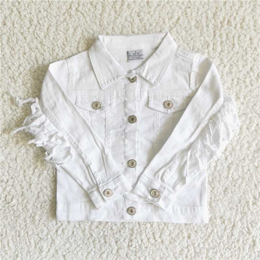 White Denim Top Fringed Long Sleeve Jacket 	 6 A32-28