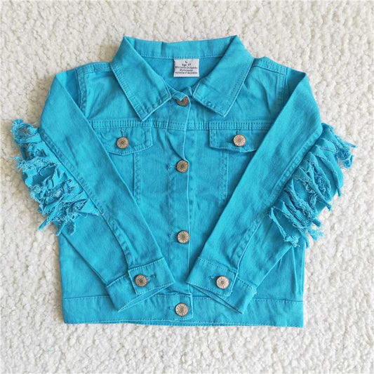 Blue Denim Top Fringed Long Sleeve Jacket 6 A32-29