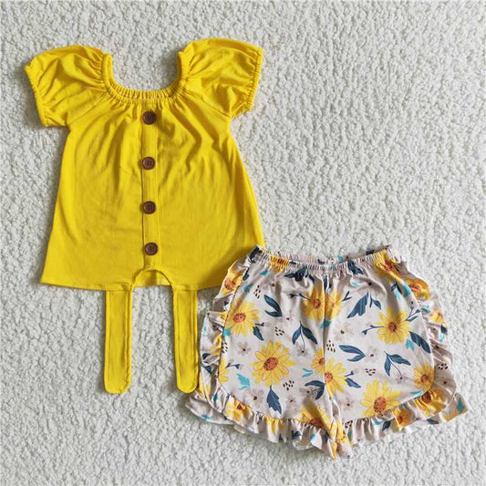 rts no moq GSSO0035 Girls Yellow Flower Short Sleeve Shorts Set