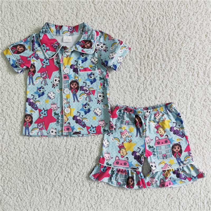 GSSO0014 Blue cartoon kitten and small animal pattern short-sleeved shorts printing suit