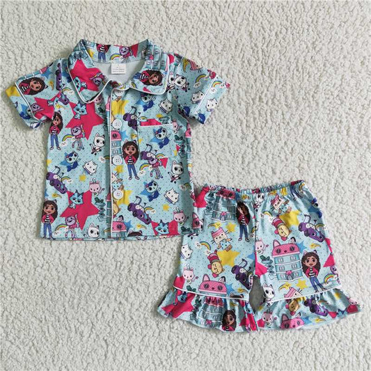 GSSO0014 Blue cartoon kitten and small animal pattern short-sleeved shorts printing suit